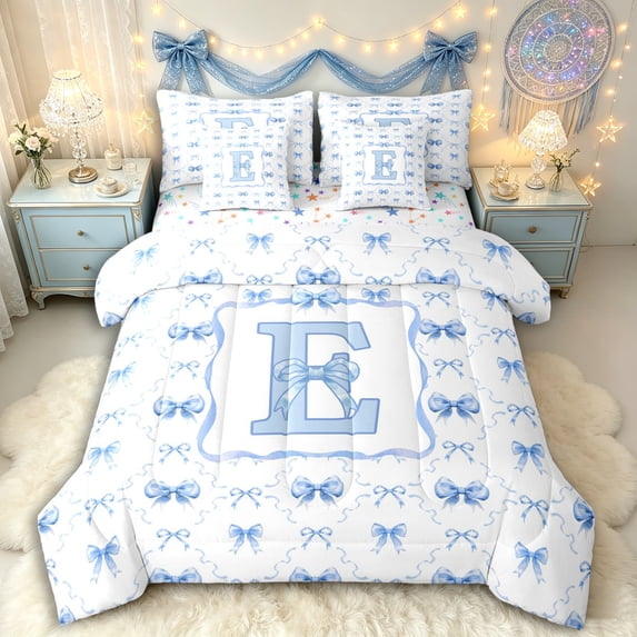 Manfei Kawaii Ribbon Bow Personalized Initial E Bedding Comforter Set 7pcs for Girls,Romantic Geometric Plaid Bow Tie Queen Bedding Sets for Kids Teens,Microfiber Bedroom Decor