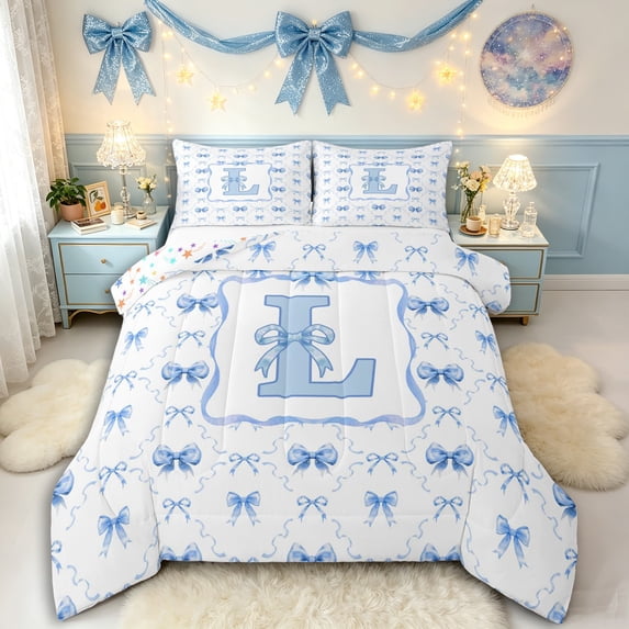 Manfei Kawaii Ribbon Bow Personalized Initial L Full Size Comforter Sets 3 Pieces for Girls,Romantic Geometric Plaid Bow Tie Bedding Sets for Kids Teens,Ultra Soft Home Decor