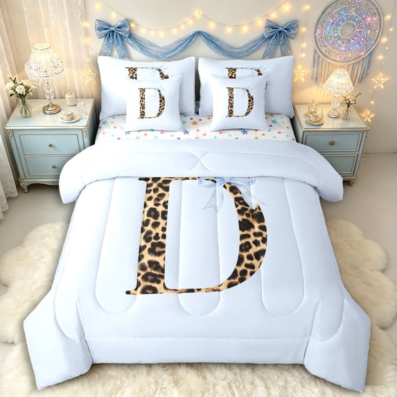 Manfei Kawaii Ribbon Bowknot Letter D Monogrammed Bedding Comforter Set 7-Piece for Girls,Kids Cheetah Print Initial King Bedding Sets