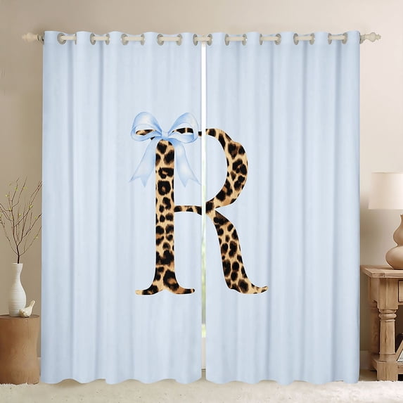 Manfei Kawaii Ribbon Bowknot Letter R Monogrammed Black Out Curtains for Girls Women,Kids Teens Cheetah Print Initial Curtains Pack of 2 (42x63 Each),Breathable Home Decor