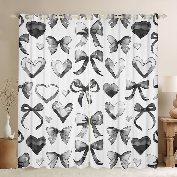 Manfei Kawaii Ribbon Curtains for Living Room, Grey Love Heart Blackout Curtains for Bedroom, Cartoon Bowknot Curtains Pack of 2 (52x84), Super Cozy Room Decoration
