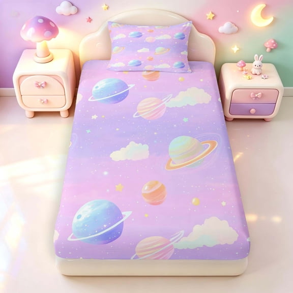 Manfei Kawaii Ringed Planets Twin Fitted Sheet,Cute Clouds Bedding,Pink Purple,2 Pieces