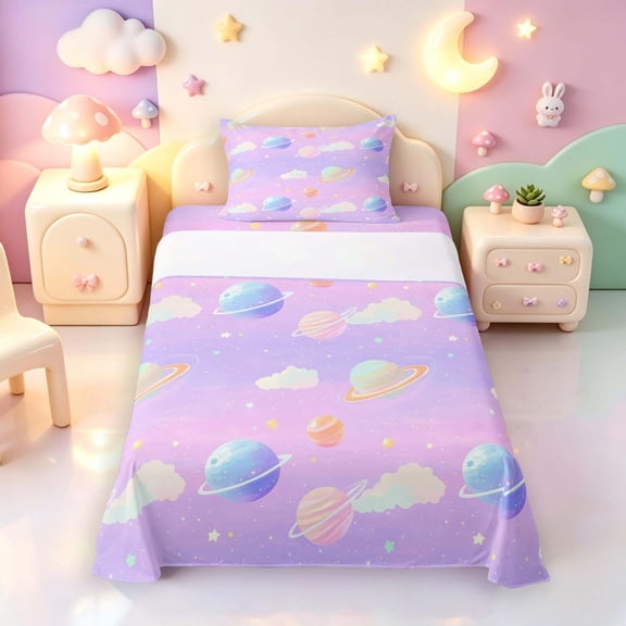 Manfei Kawaii Ringed Planets Twin Sheets,Cute Clouds Bedding,Pink Purple,3 Pieces,1 Flat Sheet,1 Fitted Sheet and 1 Pillowcase
