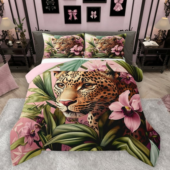 Manfei Kawaii Rustic Cheetah Bedding Comforter Set for Teen, 3D Woodland Wildlife Twin Comforter Sets, Pink Floral Reversible Bedding Set, Ultra Soft Bedroom Decor, 2pcs