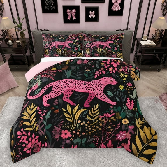 Homewish Kawaii Rustic Cheetah Bedding Comforter Set for Teen, Jungle Woodland Wildlife Twin Comforter Sets, Plant Botanical Reversible Bedding Set, Luxury Bedroom Decor, 2pcs