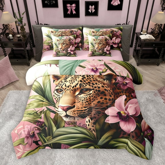Homewish Kawaii Rustic Cheetah Twin Bedding Sets 7-Piece for Teen, 3D Woodland Wildlife Bedding Comforter Set, Pink Floral Reversible Sheet Sets, Ultra Soft Bedroom Decor