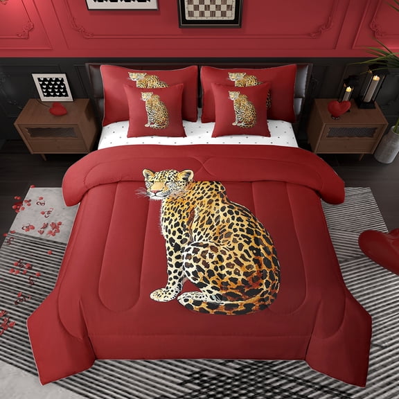 Homewish Kawaii Rustic Cheetah Twin Bedding Sets 7-Piece for Teen, Cartoon Woodland Wildlife Bedding Comforter Set, Jungle Animal Reversible Sheet Sets, Super Cozy Room Decor