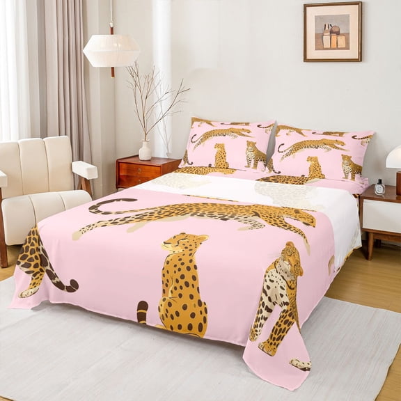 Homewish Kawaii Rustic Cheetah Twin Sheet Sets for Teen, Pink Woodland Wildlife Twin Fitted Sheet, Jungle Animal Flat Sheet, Microfiber Bedroom Decor, 3pcs
