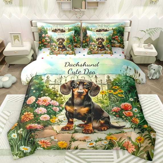 Manfei Kawaii Rustic Dachshund Bedding Comforter Set 7 Pieces for Kids, Spring Garden Flower Full Bedding Set, Groovy Floral Reversible Fitted Sheet Flat Sheet, Ultra Soft Bedroom Decor