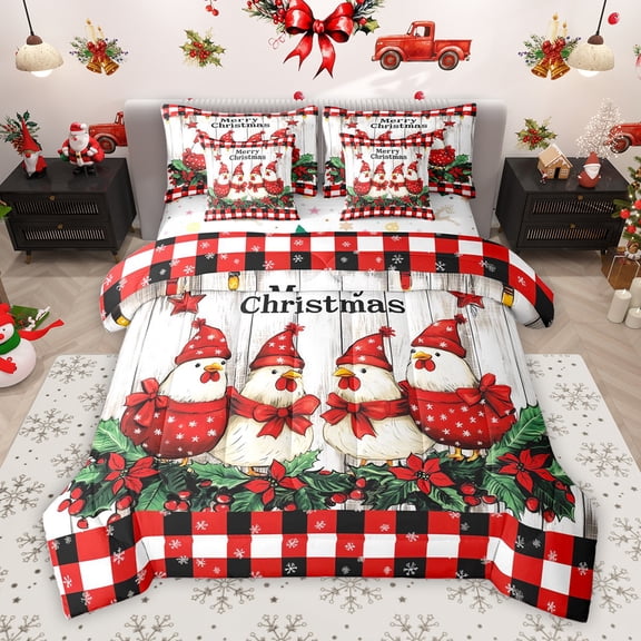 Homewish Kawaii Rustic Rooster Bedding Comforter Set 7pcs for Kids, Christmas Flower Plant King Bedding Sets, Farmhouse Cabin Reversible Bed Sheets, Ultra Soft Bedroom Decor