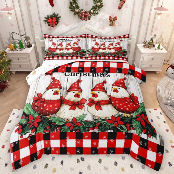 Homewish Kawaii Rustic Rooster Queen Comforter Set for Kids, Christmas Flower Plant Bedding Sets, Farmhouse Cabin Reversible Bedding Comforter Set, Ultra Soft Bedroom Decor, 3-Piece