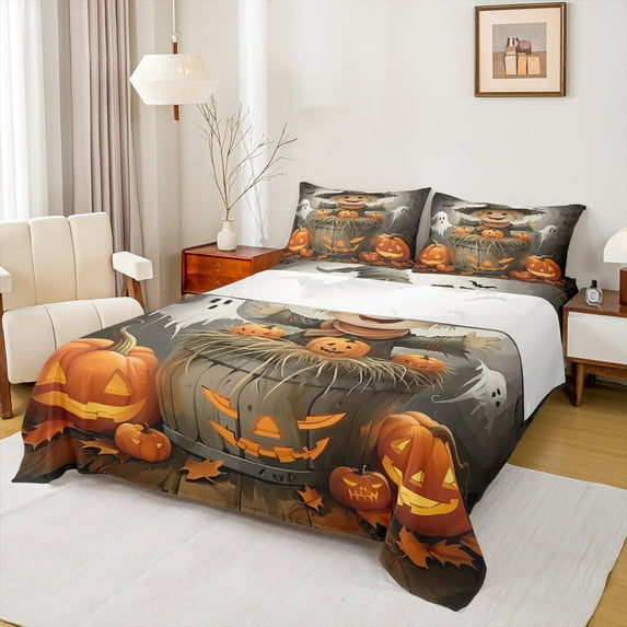 Manfei Kawaii Rustic Scarecrow Full Size Sheets, Halloween Horror Pumpkin Bed Sheets, Spooky Ghost Sheet Sets, Breathable Home Decor, 4 Pieces