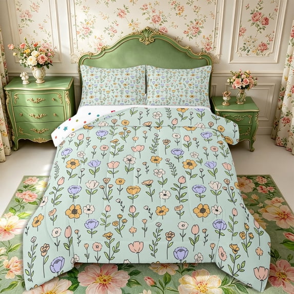 Manfei Kawaii Rustic Wildflower Full Size Comforter Sets 3-Piece,Cottagecore Blossom Bedding Comforter Set,1 Comforter and 2 Pillowcases,Reversible