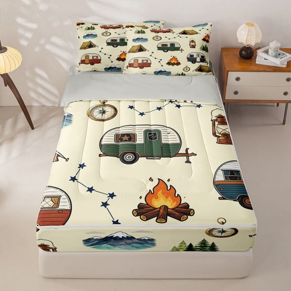 Manfei Kawaii Rv Zipper Twin Comforter Sets with Fitted Sheet and 2 Pillowcases,Vintage Tent Pattern Zipper Bedding Set,Beige,Light Gray Reversible,4pcs
