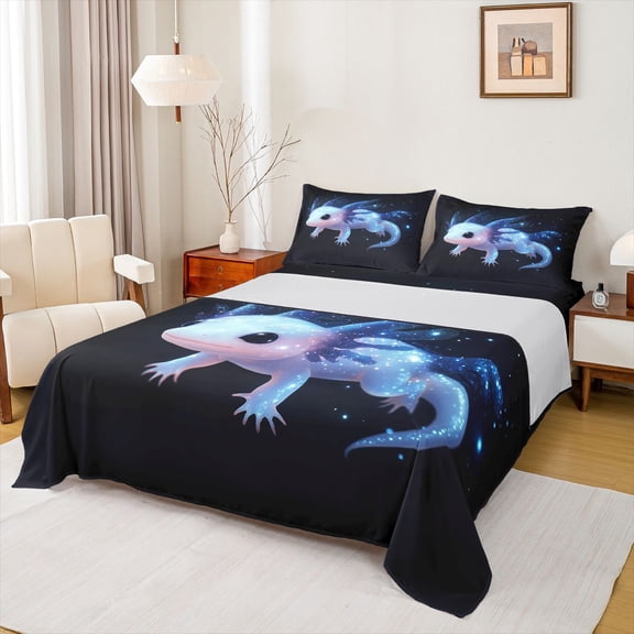 Manfei Kawaii Salamander 4pcs Bed Sheets for Preppy Child,Cartoon Animal King Sheets,Bling Glitter Super Cozy Sheet Set,Microfiber Bedroom Decor