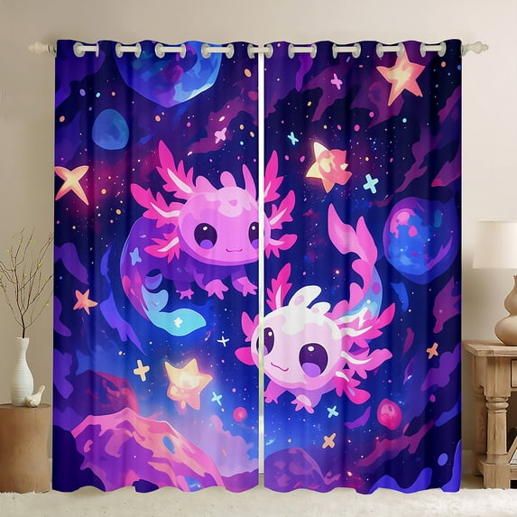 Manfei Kawaii Salamander Axolotl Curtains and Drapes,Magic Ocean Animal Black Out Curtains,Watercolor Galaxy Starry Night Curtains Pack of 2 (52x63 Each) For Children,Breathable Home Decor
