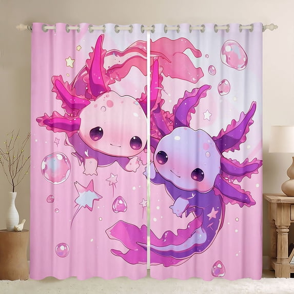 Manfei Kawaii Salamander Black Out Curtains for Preppy Child,Cartoon Animal Curtains Pack of 2 (42x63 Each),Pink Purple Bedroom Curtains,Microfiber Bedroom Decor