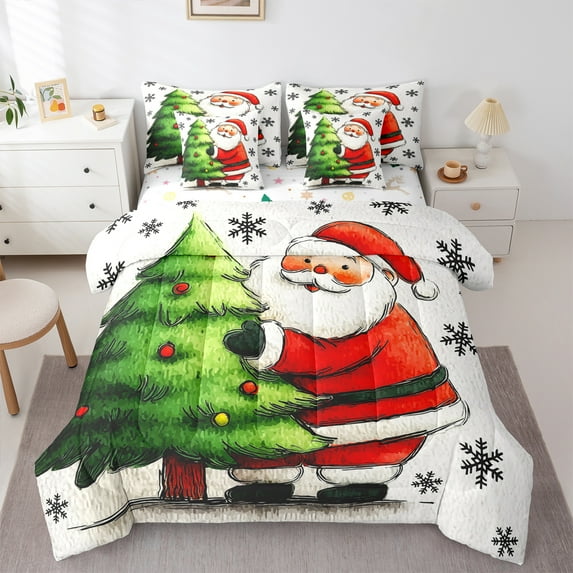 Manfei Kawaii Santa Claus 7-Piece Twin Bedding Sets,Green Christmas Green Bedding Comforter Set,Xmas Snowflake Sheet Sets For Child,Super Cozy Room Decor Reversible