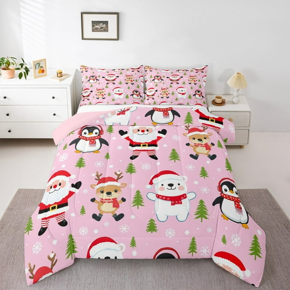 Manfei Kawaii Santa Claus Bedding Comforter Set,Cute Christmas Reindeer Twin Comforter Sets,Merry Xmas Bedding Set For Teens,Breathable Home Decor Reversible,2 Pieces