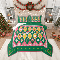 Manfei Kawaii Santa Claus Bedding Comforter Set for Kids, Green Checkered Plaid Twin Comforter Sets, Merry Christmas Reversible Bedding Set, Ultra Soft Home Decor, 2-Piece