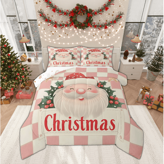 Manfei Kawaii Santa Claus Bedding Comforter Set for Kids, Xmas Plant Flower Twin Comforter Sets, Pink Christmas Buffalo Reversible Bedding Set, Breathable Home Decor, 2pcs