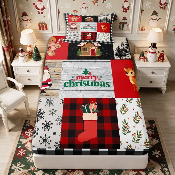 Manfei Kawaii Santa Claus Deer Twin Fitted Sheet 2 Pieces,Happy New Year Bedding,1 Fitted Sheet and 1 Pillowcase