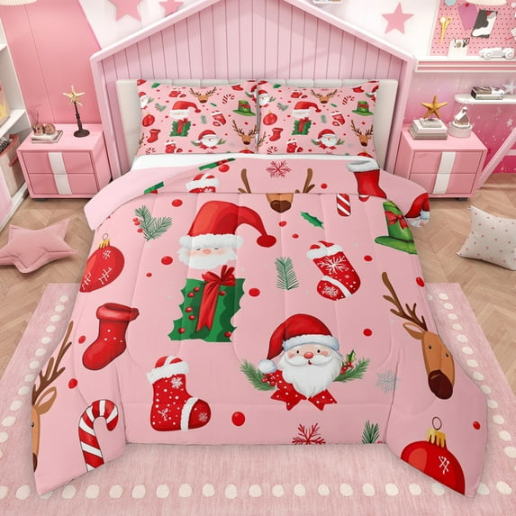 Manfei Kawaii Santa Claus Full Size Comforter Sets for Teens, Xmas Socks Gifts Bedding Comforter Set, Merry Christmas Reversible Bedding Sets, Luxury Bedroom Decor, 3pcs
