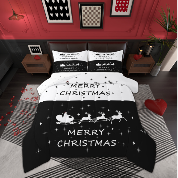 Manfei Kawaii Santa Claus Kid Bedding Comforter Set, Black White Christmas Deer Gift Twin Comforter Sets, Winter Festival Reversible Bedding Set, Luxury Bedroom Decor, 2 Pieces