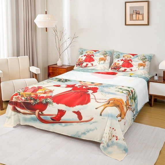 Manfei Kawaii Santa Claus Queen Sheet Sets,Girls Christmas Gifts Flat Sheet,Brown Xmas Reindeer Queen Fitted Sheet For Kids,Microfiber Bedroom Decor,4pcs