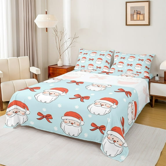 Manfei Kawaii Santa Claus Queen Sheet Sets for Kid, Cartoon Red Princess Bow Flat Sheet, Snowflake Queen Fitted Sheet, Microfiber Bedroom Decor, 4 Pieces