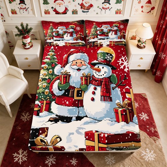 Manfei Kawaii Santa Claus Snowman Fitted Sheet Full 3 Pieces,Happy New Year Bed Set,1 Fitted Sheet and 2 Pillowcases