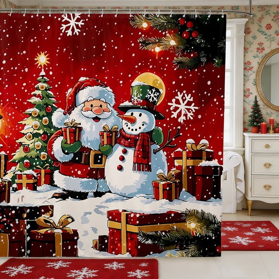 Manfei Kawaii Santa Claus Snowman Shower Curtain 72Wx78L,Happy New Year Bath Curtain