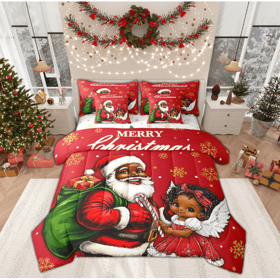 Manfei Kawaii Santa Claus Twin Bedding Sets 7-Piece, Dreamy Black Angel Bedding Comforter Set, Happy Western Christmas Reversible Sheet Sets, Microfiber Bedroom Decor