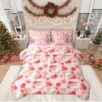 Manfei Kawaii Santa Claus Twin Bedding Sets 7-Piece for Kids, Pink Groovy Flower Floral Bedding Comforter Set, Merry Christmas Reversible Sheet Sets, Luxury Bedroom Decor