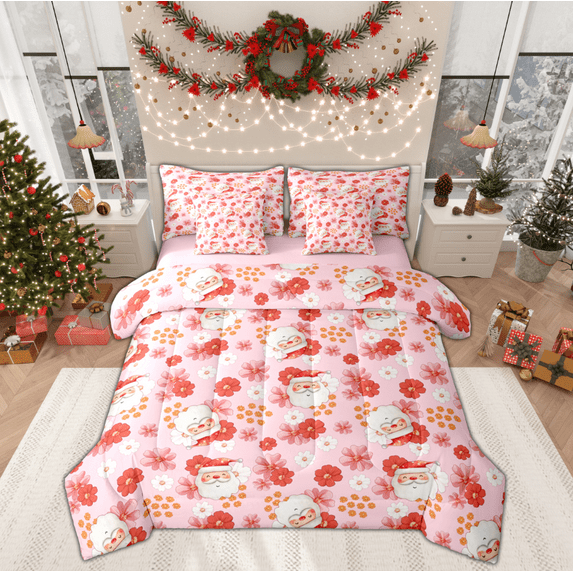 Manfei Kawaii Santa Claus Twin Bedding Sets 7-Piece for Kids, Pink Groovy Flower Floral Bedding Comforter Set, Merry Christmas Reversible Sheet Sets, Luxury Bedroom Decor