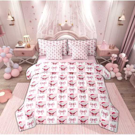 Manfei Kawaii Santa Claus Twin Bedding Sets 7-Piece for Teen, Girly Pink Buffalo Bedding Comforter Set, Cartoon Bowknot Christmas Reversible Sheet Sets, Breathable Home Decor