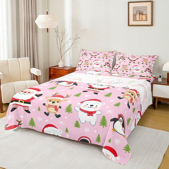 Manfei Kawaii Santa Claus Twin Sheet Sets,Cute Christmas Reindeer Twin Fitted Sheet,Merry Xmas Flat Sheet For Teens,Breathable Home Decor,3 Pieces