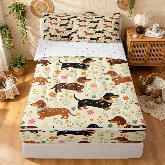 Manfei Kawaii Scarf Puppy Zipper Twin Comforter Sets with Fitted Sheet and 2 Pillowcases, Garden Floral Zipper Bedding Set, Brown Cream, Reversible, 4-Piece