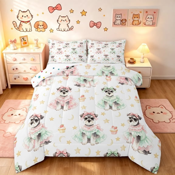 Manfei Kawaii Schnauzer Dog Full Size Comforter Sets, Dessert Star Moon Bedding Comforter Set, White Green, Polkadot Reversible, 3pcs, 1 Comforter and 2 Pillowcases