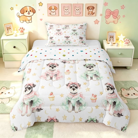 Manfei Kawaii Schnauzer Dog Twin Comforter Sets, Dessert Star Moon Bedding Set, White Green, Polkadot Reversible, 2pcs, 1 Comforter and 1 Pillowcase