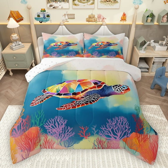 Homewish Kawaii Sea Turtle Queen Comforter Set for Boys, Ink Watercolor Bedding Sets, Ocean Marine Coral Reversible Bedding Comforter Set, Luxury Bedroom Decor, 3-Piece