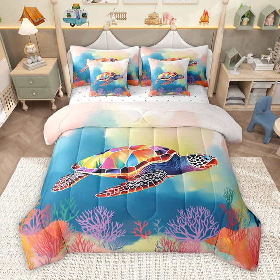 Homewish Kawaii Sea Turtle Twin Bedding Sets 7-Piece for Boys, Ink Watercolor Bedding Comforter Set, Ocean Marine Coral Reversible Sheet Sets, Luxury Bedroom Decor