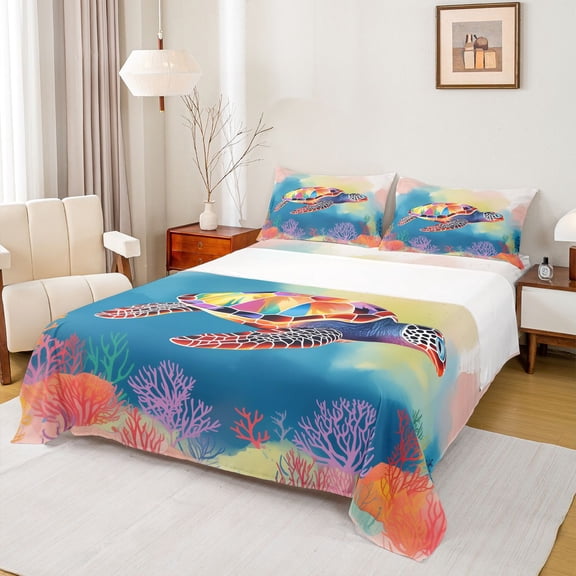 Homewish Kawaii Sea Turtle Twin Sheet Sets for Boys, Ink Watercolor Twin Fitted Sheet, Ocean Marine Coral Flat Sheet, Luxury Bedroom Decor, 3-Piece