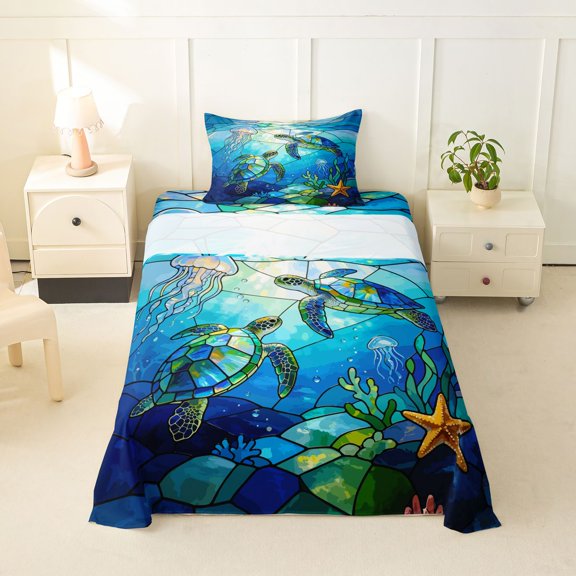 Manfei Kawaii Sea Turtle Twin Sheets,Cute Ocean Plant Bedding,Blue,3pcs,1 Fitted Sheet and 1 Pillowcase