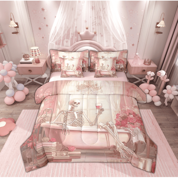 Manfei Kawaii Skeleton Skull Twin Bedding Sets 7-Piece, Pink Sugar Halloween Bedding Comforter Set, Sugar Princess Style Reversible Sheet Sets, Breathable Home Decor