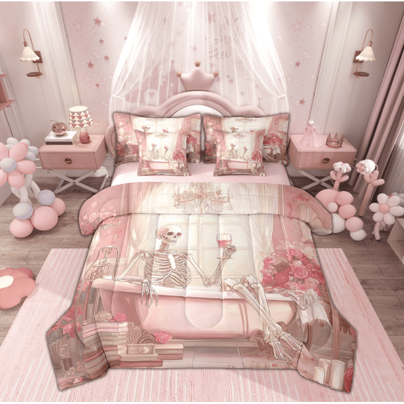 Manfei Kawaii Skeleton Skull Twin Bedding Sets 7-Piece, Pink Sugar Halloween Bedding Comforter Set, Sugar Princess Style Reversible Sheet Sets, Breathable Home Decor