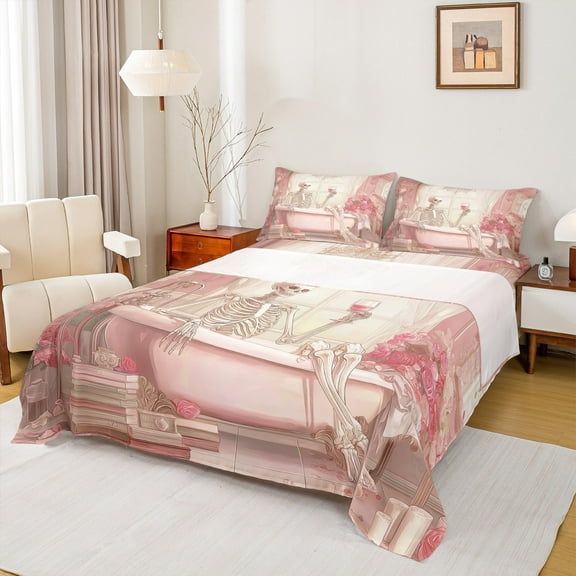 Manfei Kawaii Skeleton Skull Twin Sheet Sets, Pink Sugar Halloween Twin Fitted Sheet, Sugar Princess Style Flat Sheet, Breathable Home Decor, 3pcs