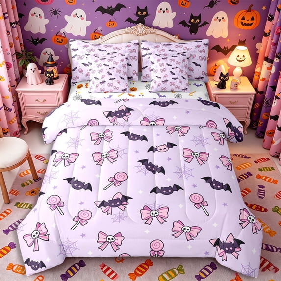 Manfei Kawaii Skull Bow Queen Bedding 7pcs, Halloween Cute Bat Bedding Comforter Set Queen, Light Purple Pink,Reversible