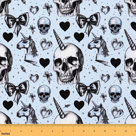 Manfei Kawaii Skull Skeleton Fabric by the Yard 1 Yard, Halloween Unicorn Home Decor Fabric by the Yard, Sky Blue
