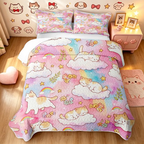 Manfei Kawaii Sky Cat Twin Quilt Set, Ink Rainbow Flower Twin Coverlet Set, Pink Blue, 2pcs, 1 Bedspread and 1 Pillowcase